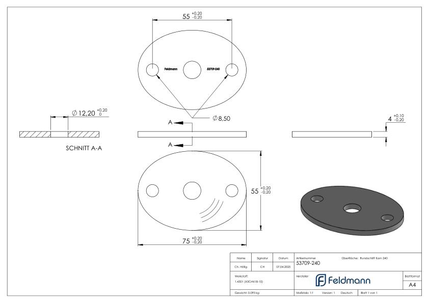 Ronde oval, 75x55x4mm, mit Rundschliff, V2A