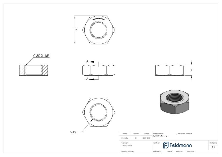 Sechskantmutter M12, flache Form