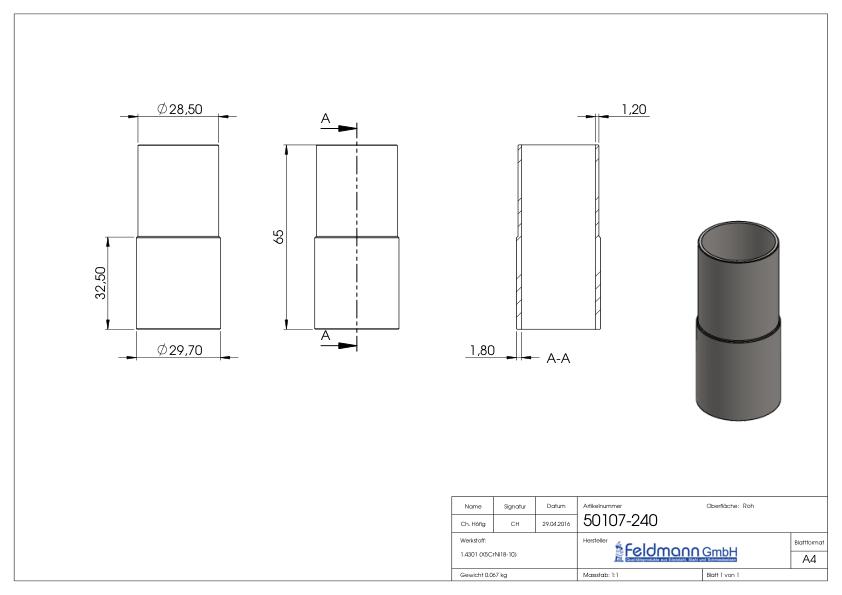 Verbindungsstück von 33,7x2,5mm auf 33,7x2,0mm, V2A