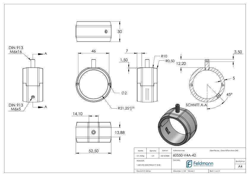 Handlauferhöhung für Rohr 42,4x2,0mm, V4A