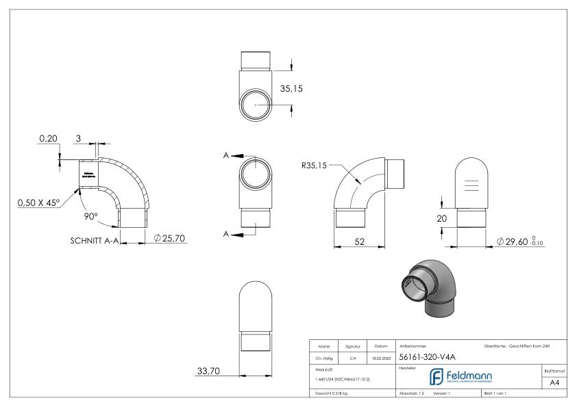 Rohrbogen 90°, für Rohr 33,7x2,0mm, V4A