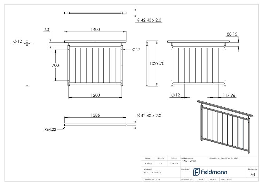 Französisches Balkongitter, gerade, B: 1,2m, V2A