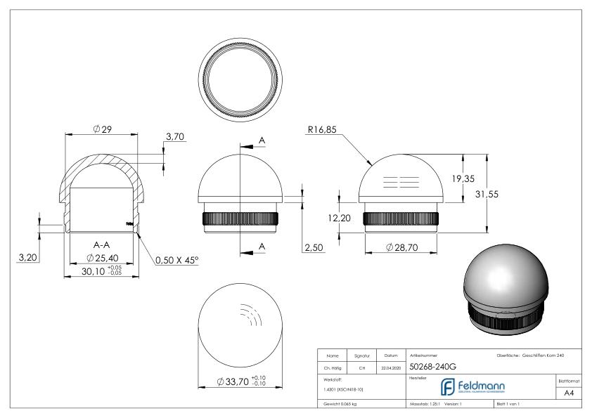 Rohrabschlussstopfen, für Rohr 33,7x2,0mm, V2A