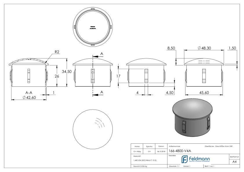 Rohrabschlussstopfen, für Rohr 48,3x2,0 - 2,5mm, V4A