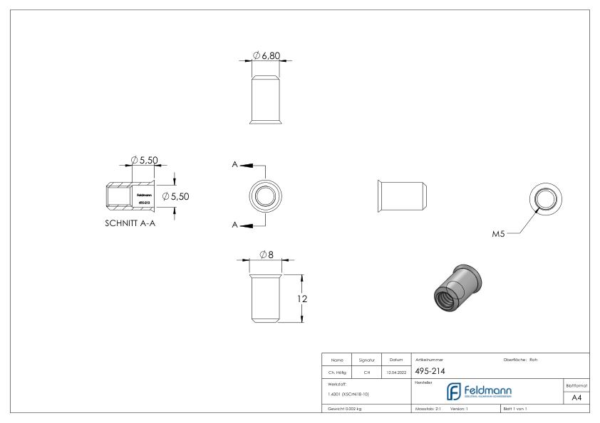 Blind-Einnietmutter, V2A, M5/Loch 7mm, V2A