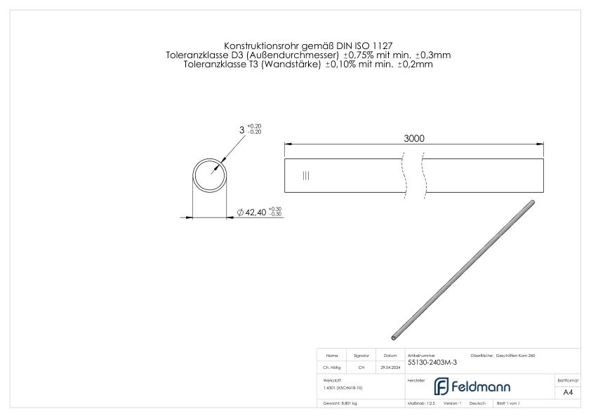 Edelstahlrohr, 42,4x3,0mm, L: 3000mm, V2A