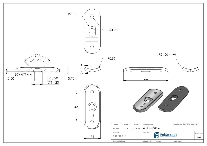 Handlaufanschlussplatte, 42,4mm, zum Vernieten, V2A