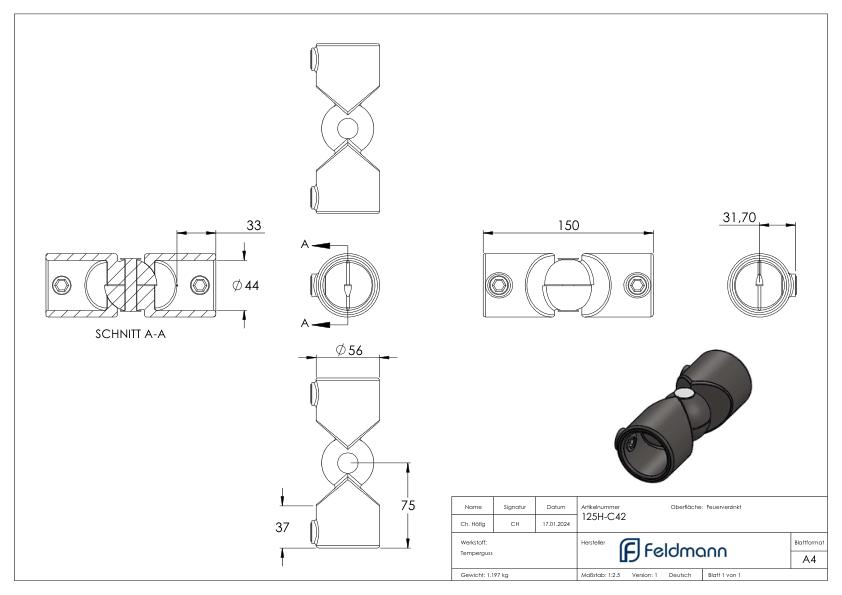 Gelenk, verstellbar, für Rohr Ø 42,4mm