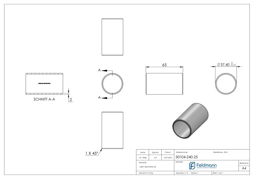 Verbindungsstück für Rohr 42,4x2,5mm, V2A