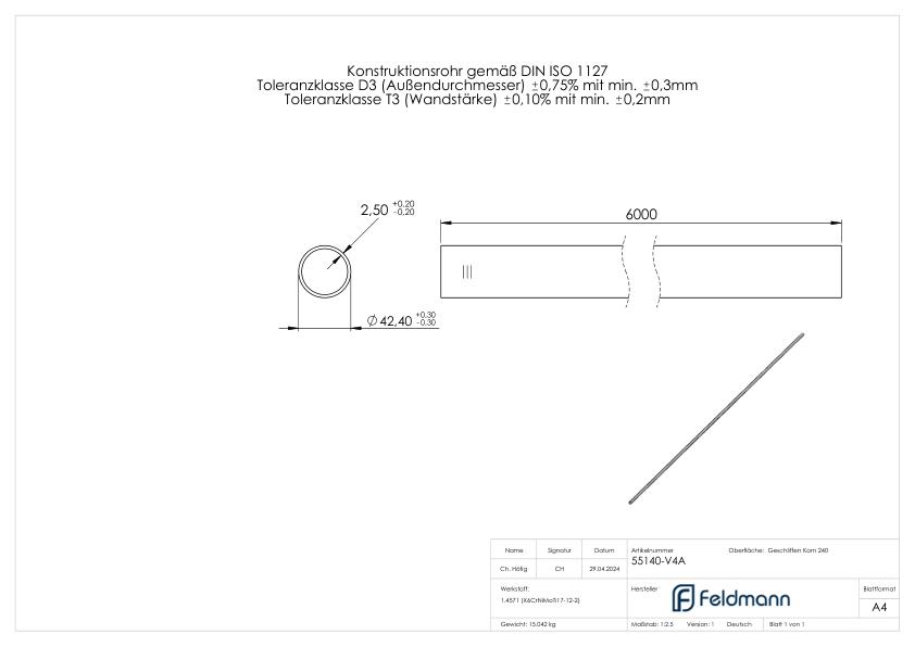 Edelstahlrohr, 42,4x2,5mm, L: 6000mm, V4A