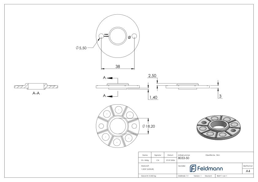 Drückerrosette Ø 50mm, Führung Ø 18mm, Lochabstand 38mm