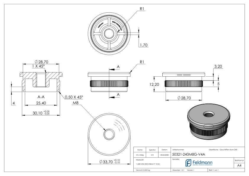 Rohrabschlussstopfen, für Rohr 33,7x2,0mm, V4A