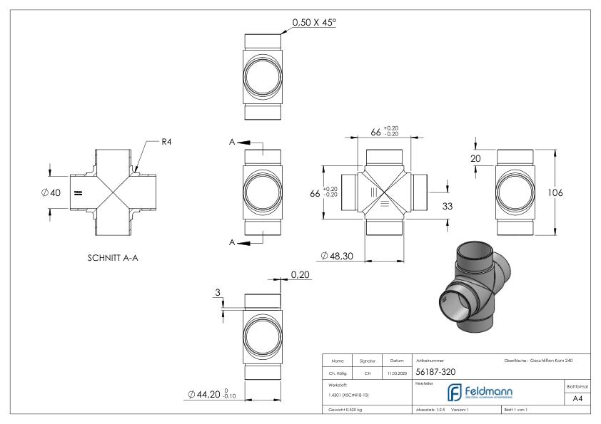 Kreuzstück, für Rohr 48,3x2,0mm, V2A