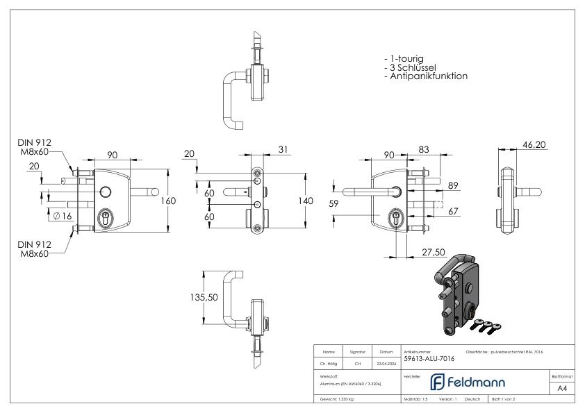 Industrielles Panikschloss LPKQU2 für Profilrohr 60 - 80mm, Farbe RAL 7016