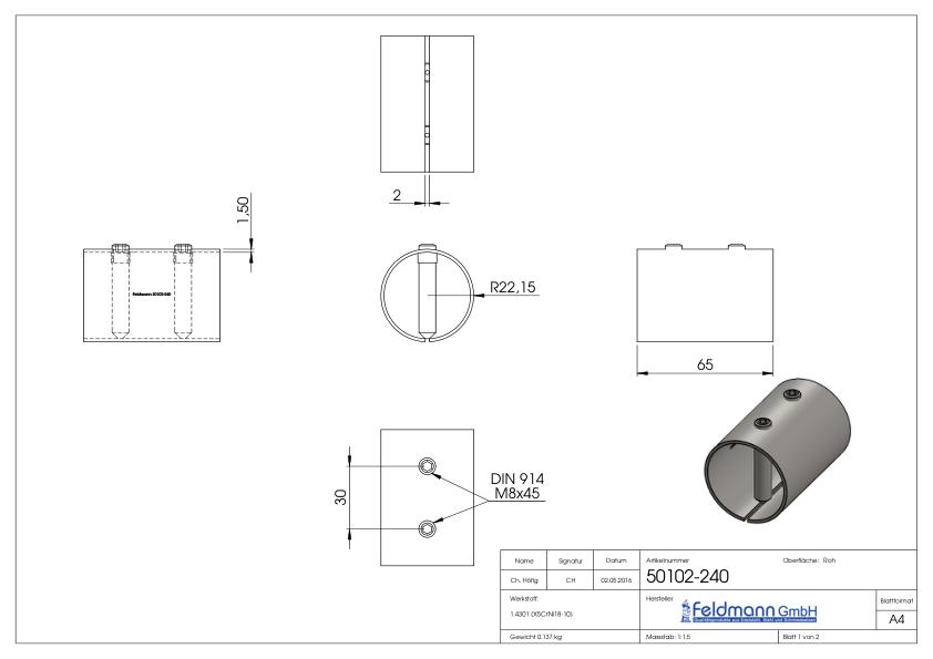 Verbindungshülse für Rohr 48,3x2,0mm, V2A