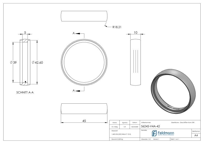Ring für Rohr 42,4mm, V4A