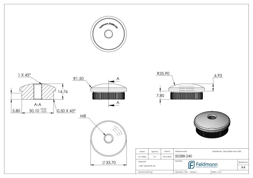Rohrabschlussstopfen, für Rohr 33,7x2,0mm, V2A