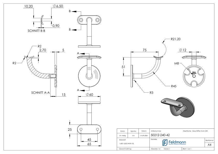 Handlaufhalter mit Handlaufanschlussplatte 42,4mm, (Ronde und Bügel verschweißt), V2A