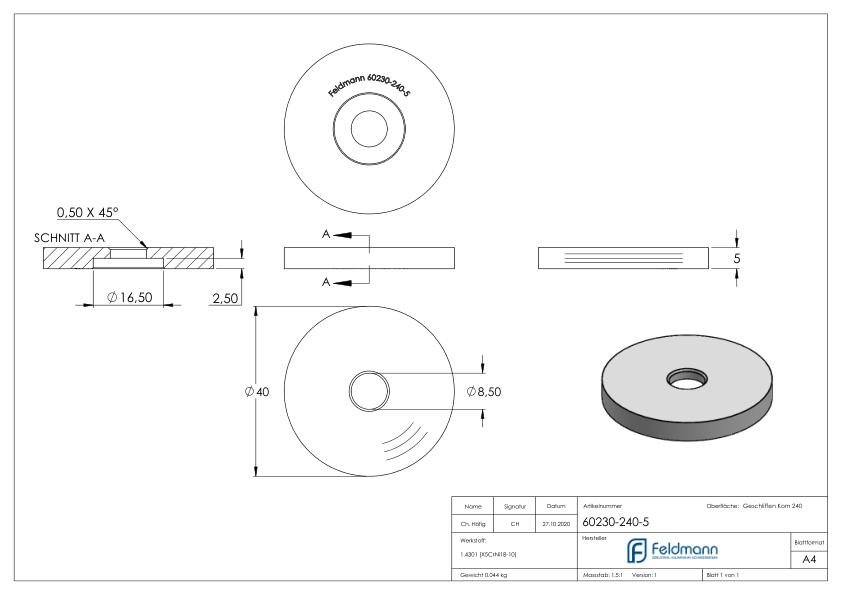 Unterteil Ø 40mm, mit Durchgangsbohrung , t: 5mm, V2A