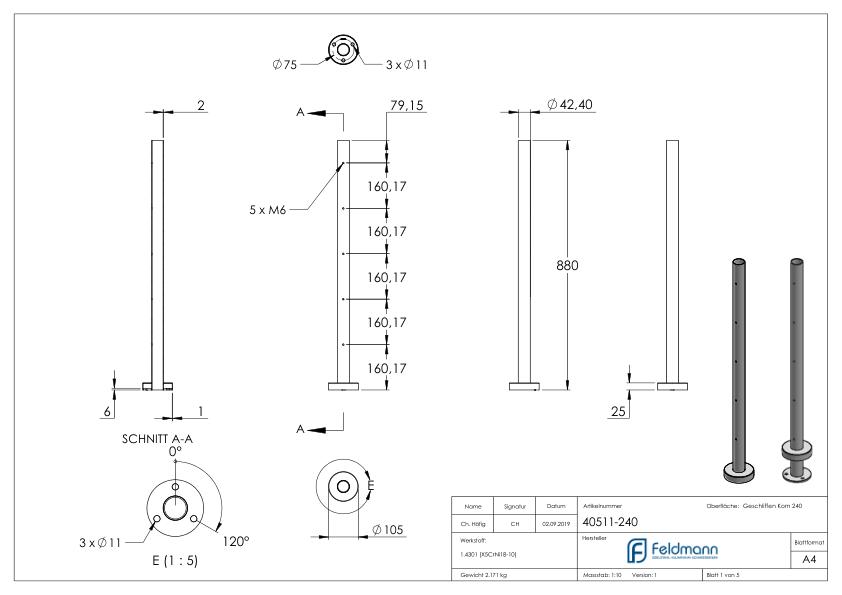 Edelstahlpfosten V2A zur Bodenmontage, H: 880mm