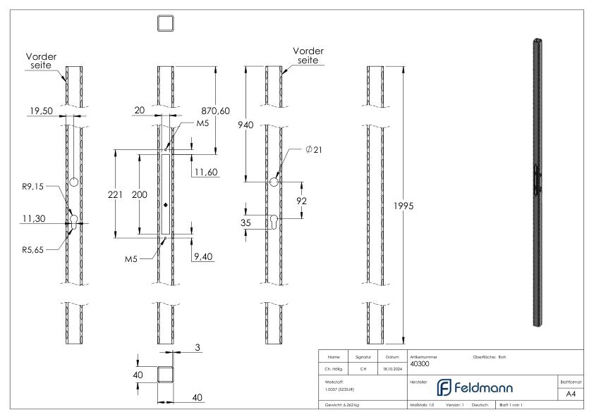 Schlossrohr 40x40x3,0 gehämmert, L:2000mm