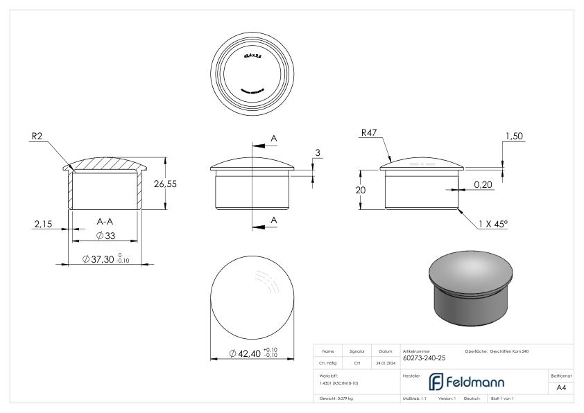 Rohrabschlussstopfen, für Rohr 42,4x2,5mm, V2A