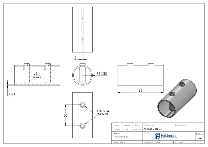 Verbindungshülse für Rohr 33,7x2,5mm, V2A