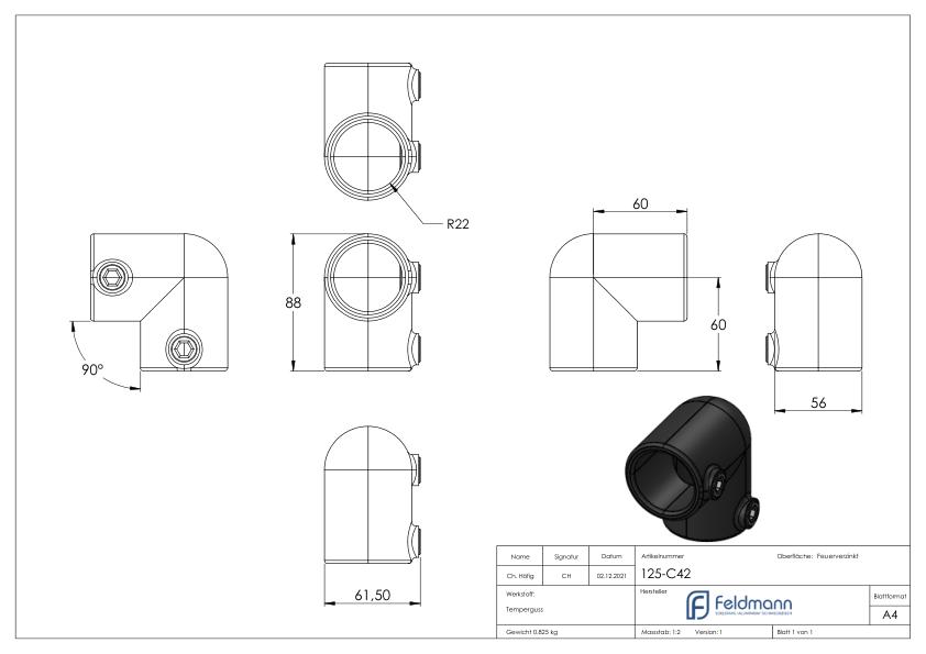 Rohrbogen 90°, für Rohr Ø 42,4mm