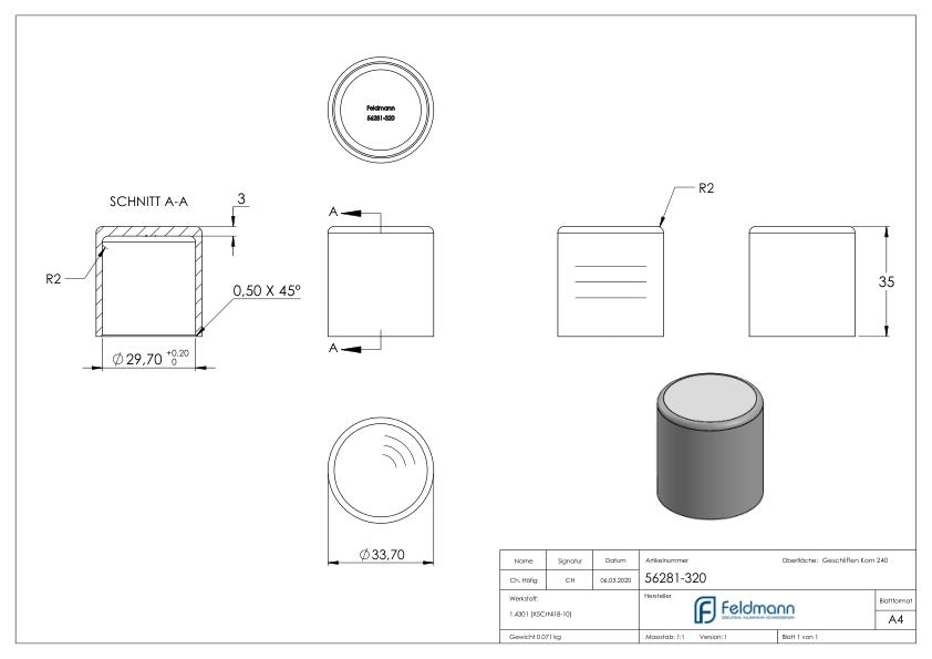 Endkappe für Stecksystem, für 33,7x2,0mm, V2A