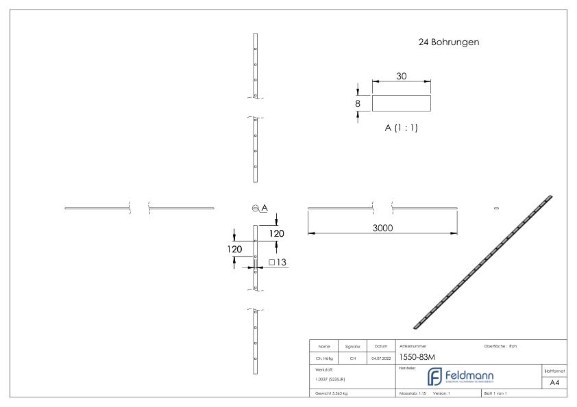 Lochleiste 30x8mm, Lochabstand 120mm, 3000mm