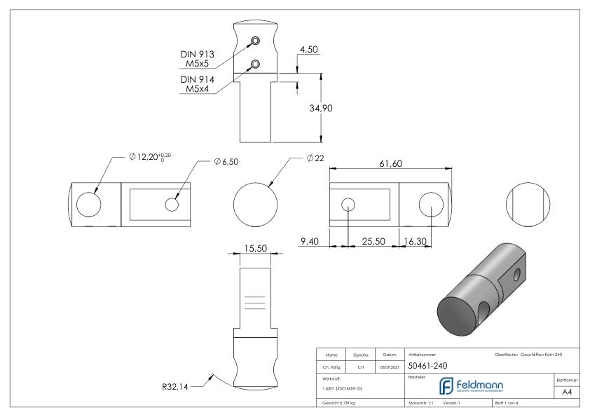 Querstabhalter (Montage zwischen zwei Flacheisen), Bohrung 12,2mm, V2A