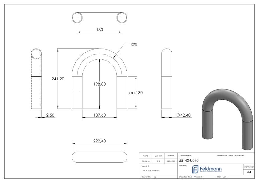 Rohrbogen 180°, aus Rohr 42,4x2,5mm, V2A