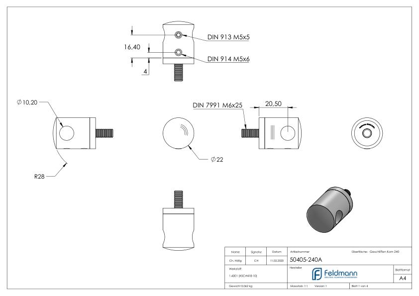 Querstabhalter für geraden Anschluss, 10,2mm Bohrung,V2A