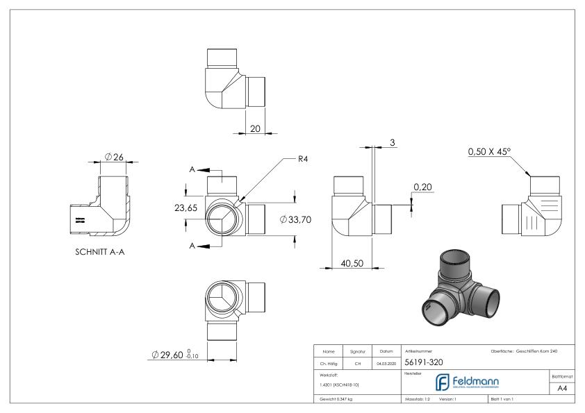 Ecke 90° mit Abgang, für Rohr 33,7x2,0mm, V2A
