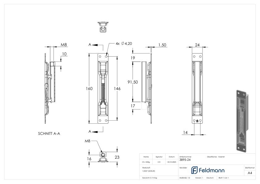 Kantriegel mit Breite 24mm und Gewinde M8, verzinkt