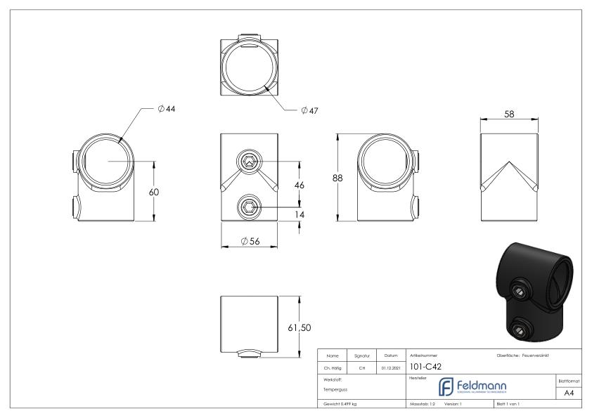 T-Stück kurz, für Rohr Ø 42,4mm