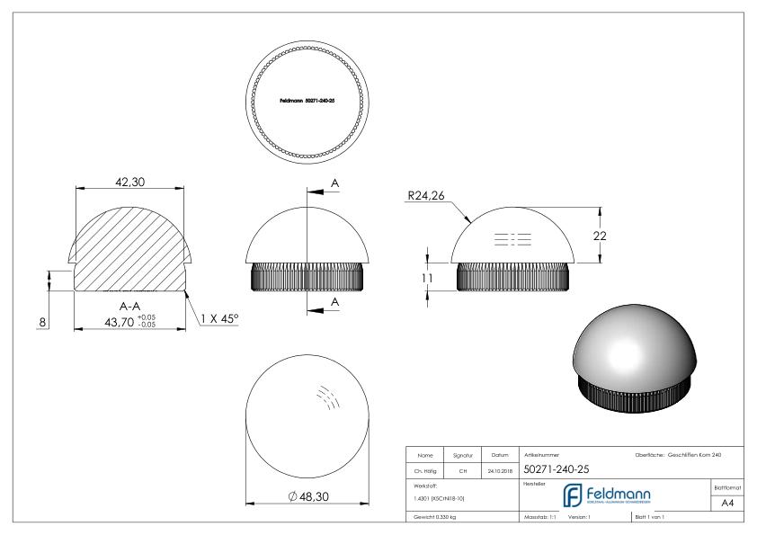 Rohrabschlussstopfen, für Rohr 48,3x2,5mm, V2A