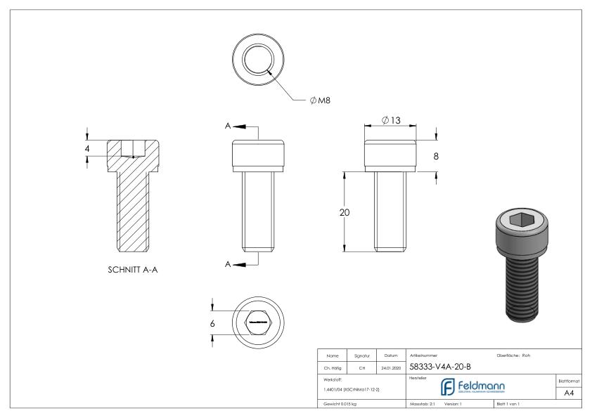 Zylinderkopfschraube M8x20, V4A, DIN 912