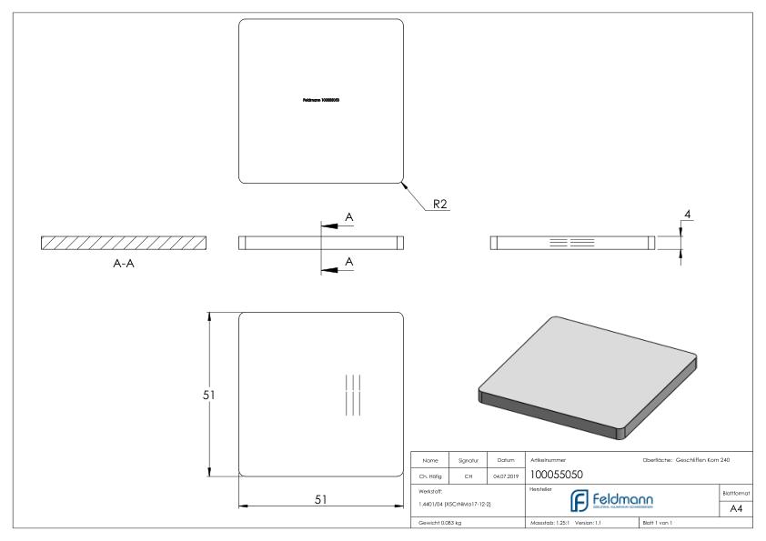 Flachkappe für Quadratrohr 50x50, V4A