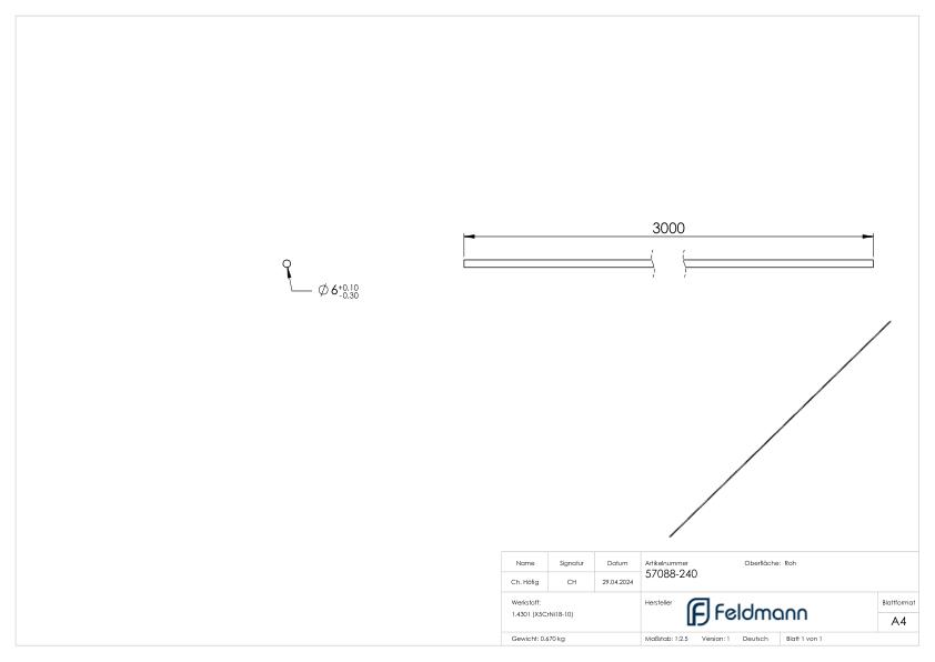 Rundmaterial, 6mm, ungeschliffen, L: 3000mm, V2A