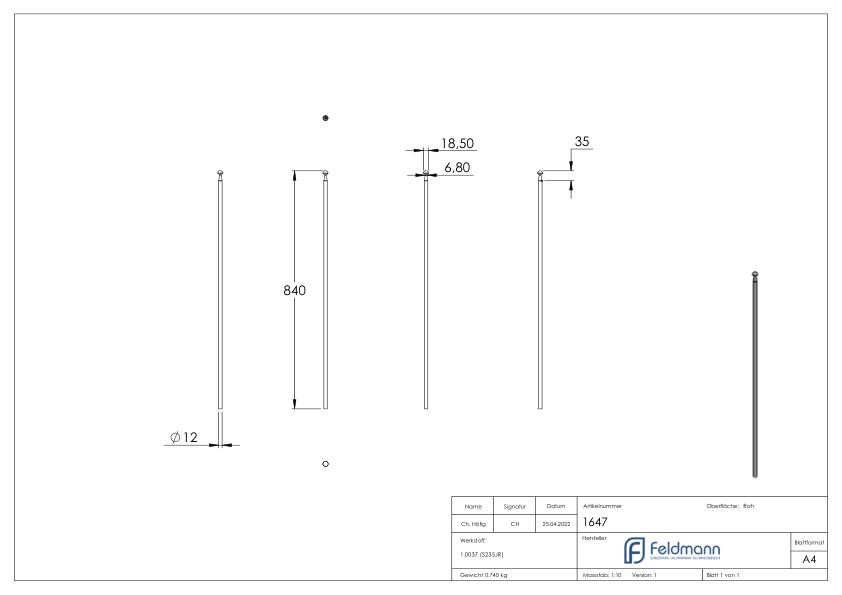 Zaunstab Ø 12mm, H: 840mm, konisch mit Knopf halbrund
