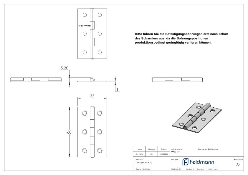 Edelstahl-Scharnier 60x35mm mit festem Zapfen