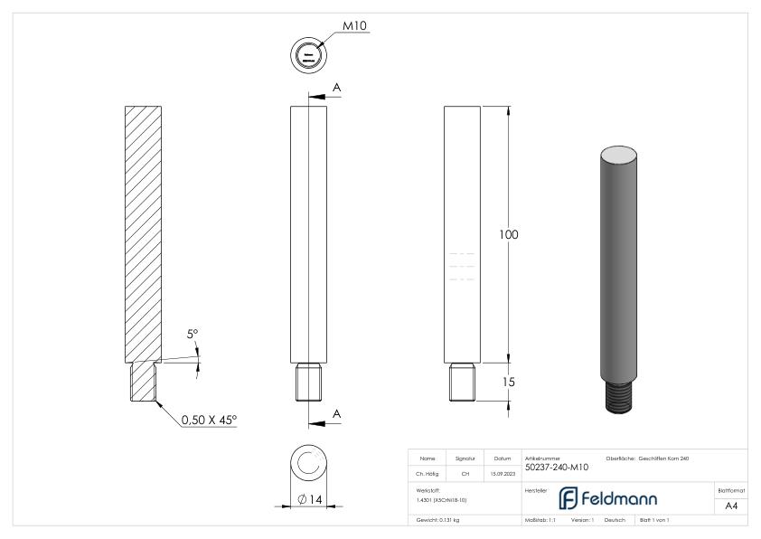 Stift Ø 14mm, L: 100mm, V2A