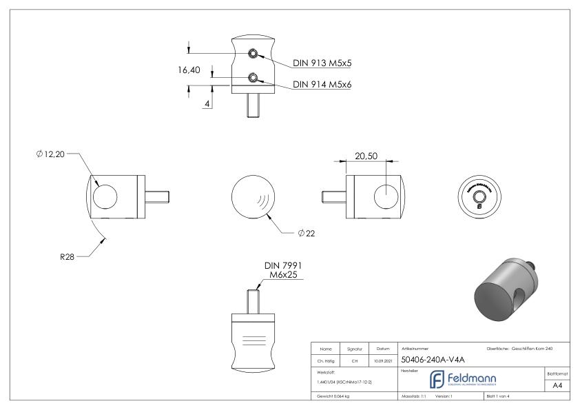 Querstabhalter für geraden Anschluss, 12,2mm Bohrung, V4A