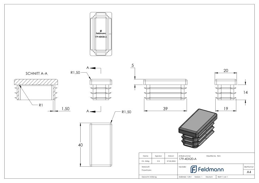 Kunststoffkappe für Rechteckrohr 40x20mm
