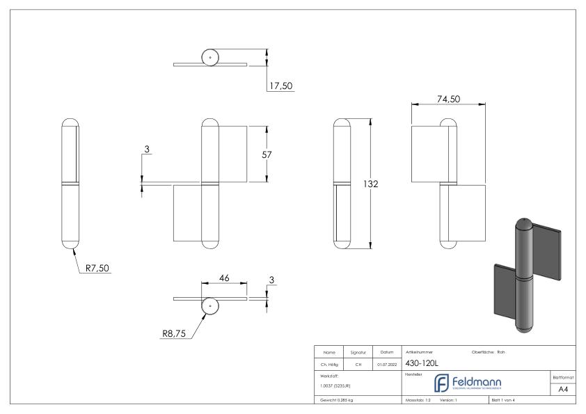 Anschweißband mit festem Zapfen, linke Ausführung