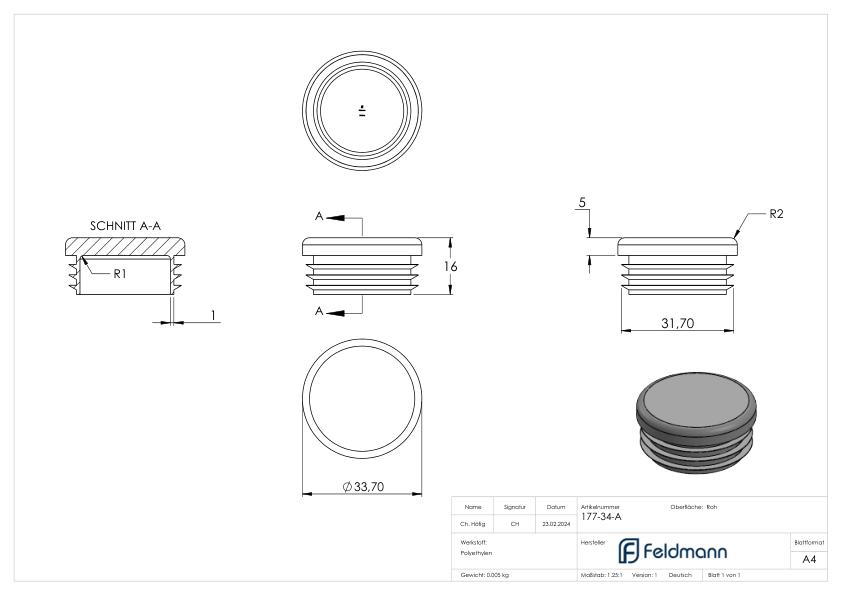 Kunststoffkappe für Rundrohr 33,7mm, RAL 7016