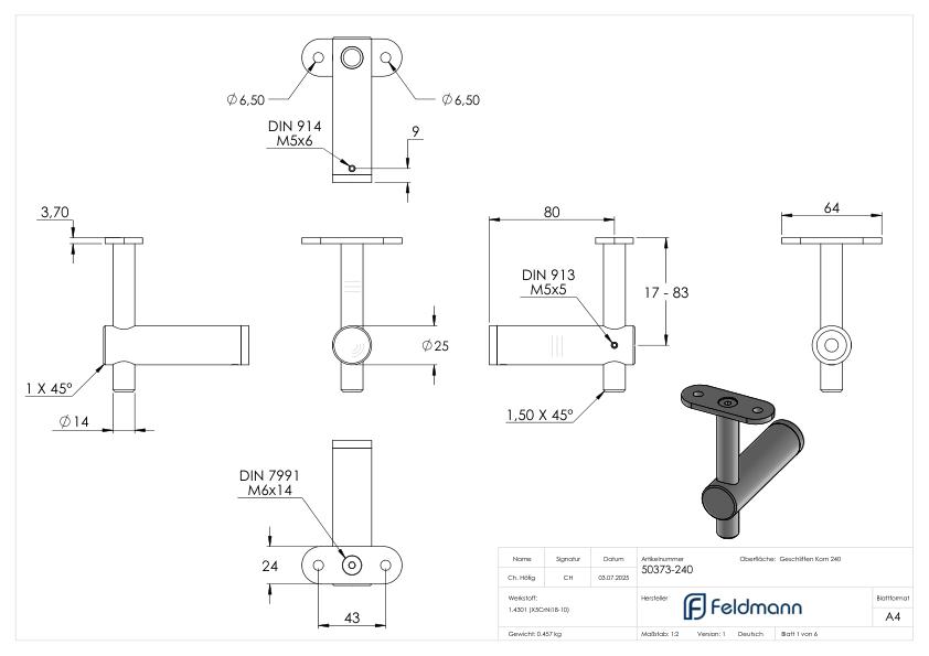 Handlaufhalter mit Handlaufanschlussplatte flach, V2A