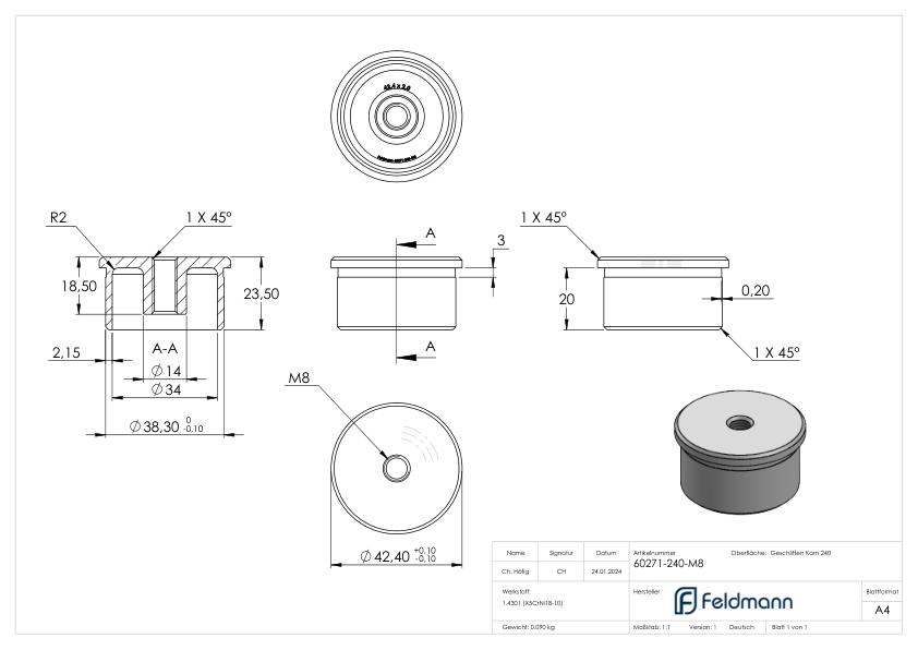 Rohrabschlussstopfen zum Kleben mit M8 für 42,4x2,0mm, V2A