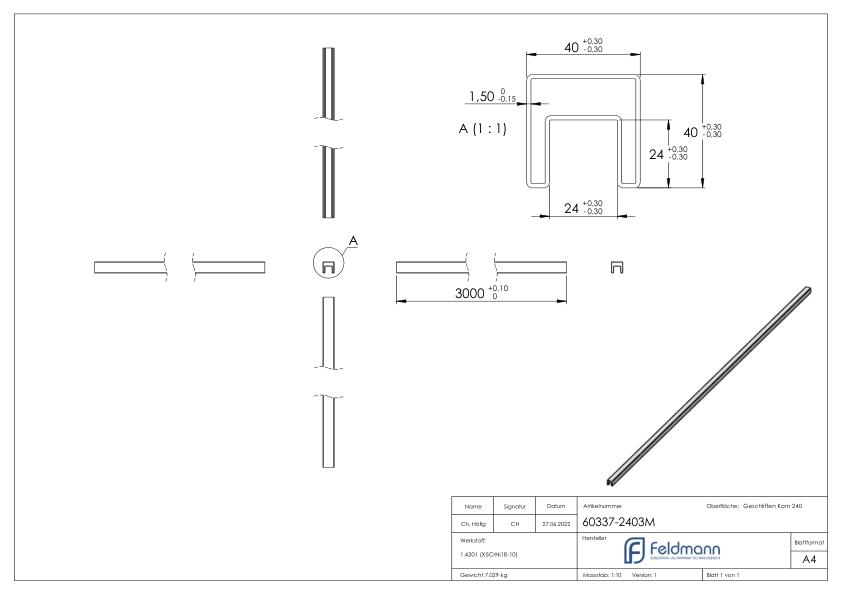Quadratnutrohr, 40x40x1,5 mm, L: 3000mm, V2A